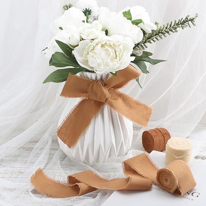 Fall Ribbon Brown 1-1/2 x 15 Yards Handmade Cotton Frayed Fringe Fabric Ribbons for Crafts Flower Bouquets Wedding Baby Shower Home DIY Decor