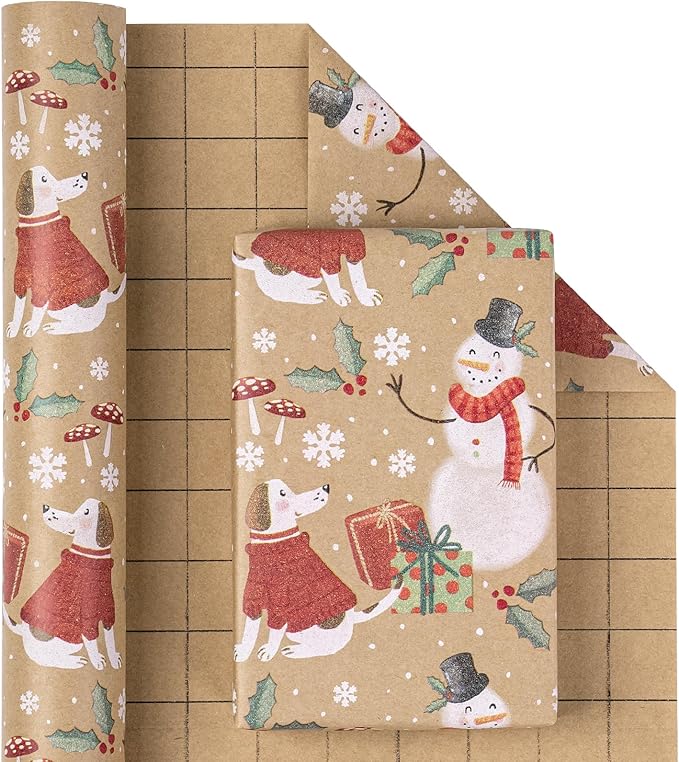 WRAPAHOLIC Kraft Christmas Wrapping Paper - Mini Roll - 17 Inch x 33 Feet - Snowman and Christmas Dog Wrapping Paper for Holiday, Party Celebration