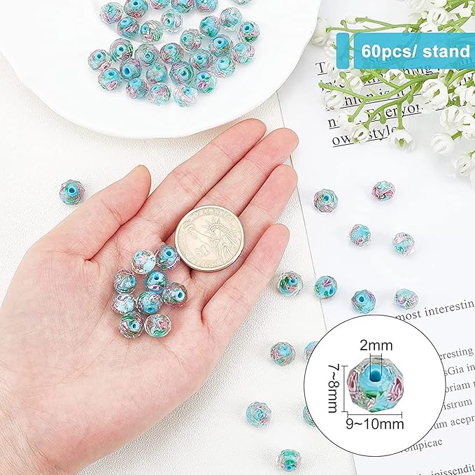 PH PandaHall 60pcs 9~10mm Blue Rose Lampwork Beads Gold Sand Glass Beads Flower Glass Beads 1.5~2mm Hole Floral Handmade Lampwork Beads Round Loose Beads for Rosary Making Jewelry Craft Making