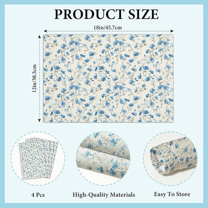 Cotton Linen Waterproof Placemats Set of 4, Blue Floral Dining Mat Table Mats Decor Fabric for Kitchen Dinner Coffee Shop Table, Indoor/Outdoor Washable Wipeable Placemat -N029