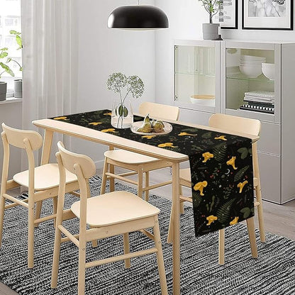Magical Forest Table Runner, Rustic Country Wild Yellow Mushrooms Plants Botanical Herbs Print Table Runner for Holiday Farmhouse Kitchen Dining Table Decor, 13x36inch
