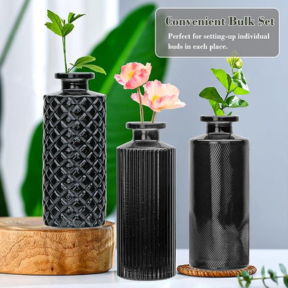 Brajttt Glass Bud Vase Set in Bulk, 9pcs Mini Vintage Flower Vases for Wedding,Black Relief Vase for Centerpieces,Home Table Flower Decor, Party Decorations