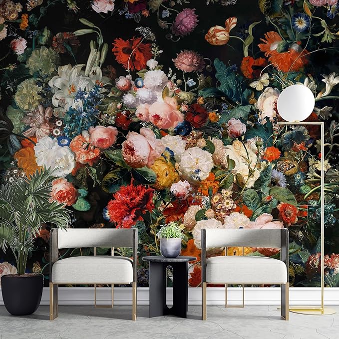 Zeeko Dark Floral Wallpaper Peel and Stick 177" W x 110" H Waterproof Canvas Fabric Vintage Moody Large Wall Mural Self Adhesive Removable Wall Paper for Bedroom Living Room Art Deco