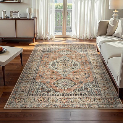 Lahome Oriental Washable Rugs for Living Room, 4x6 Bedroom Area Rug Ultra-Thin Soft Non Slip Stain Resistant Vintage Throw Carpet for ‎Office Dining Room, Peach/Orange
