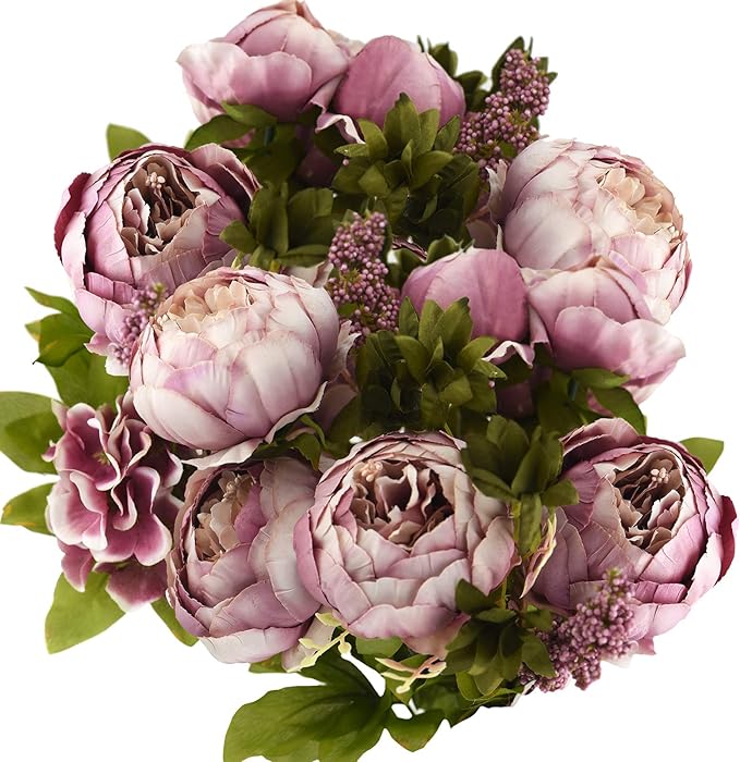 FiveSeasonStuff Vintage Artificial Peonies Silk Peony Flowers and Hydrangeas for Wedding Bridal Home Décor – Beautiful Floral Centerpiece Arrangement Decoration with 2 Bouquets (Puce Purple)