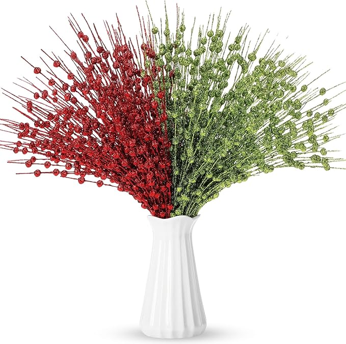 Geosar 30 Pcs Christmas Artificial Glitter Berry Stem Decorations 17 Inch Faux Stick Floral Pick Centerpiece Bouquet Flower Bead Twigs for Centerpiece Tree Wreath Xmas Ornaments Home(Green and Red)
