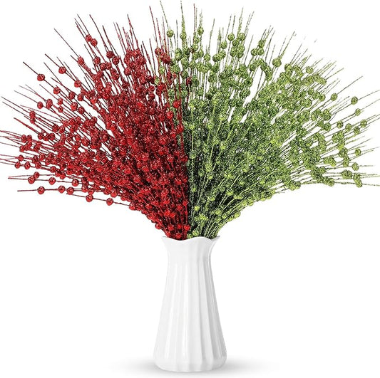 Geosar 30 Pcs Christmas Artificial Glitter Berry Stem Decorations 17 Inch Faux Stick Floral Pick Centerpiece Bouquet Flower Bead Twigs for Centerpiece Tree Wreath Xmas Ornaments Home(Green and Red)