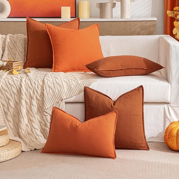 MIULEE Decorative Linen Pillow Covers 18x18 Inch Orange Boho Farmhouse Neutral Couch Throw Pillows for Bed Pack of 2 Accent Modern Pillowcase Summer Sofa Livingroom Home Decor
