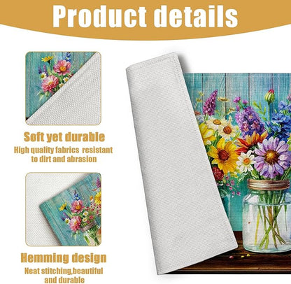 Rustic Flower Placemats Set of 6, Spring Flower Vase Linen Place Mat Washable Stain Resistant Table Mats for Farmhouse Kitchen Party Wedding 12x18 Inch
