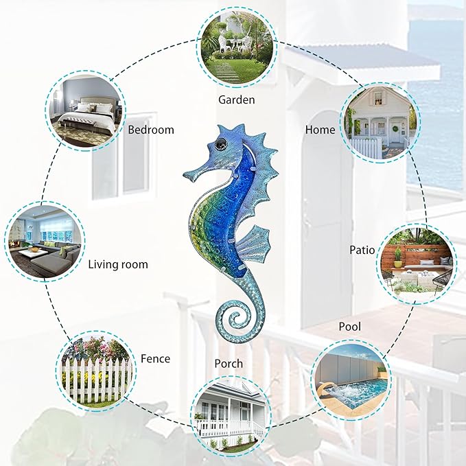 LIFFY Large Metal and Glass Seahorse Wall Decor, Sea Life Decor, Metal Fish Wall Decor, Ocean Beach Theme Wall Art for Bathroom Home Pool Gift Idea