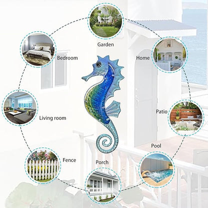 LIFFY Large Metal and Glass Seahorse Wall Decor, Sea Life Decor, Metal Fish Wall Decor, Ocean Beach Theme Wall Art for Bathroom Home Pool Gift Idea