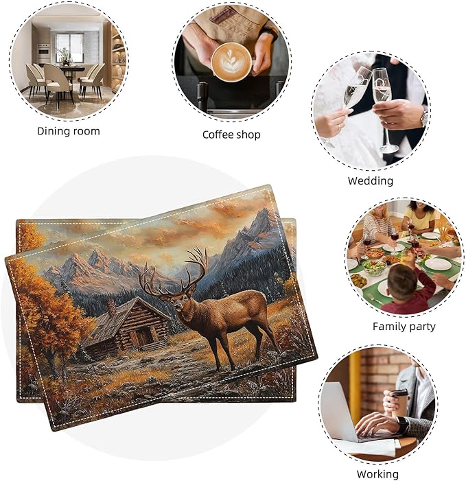 Farmhouse Deer Placemats Set of 4, Country Natural Place Mats, Rustic Forest Lodge Elk Wildlife Dining Table Mats, Washable Placemats for Kitchen Dining Room 18L'' × 12W''