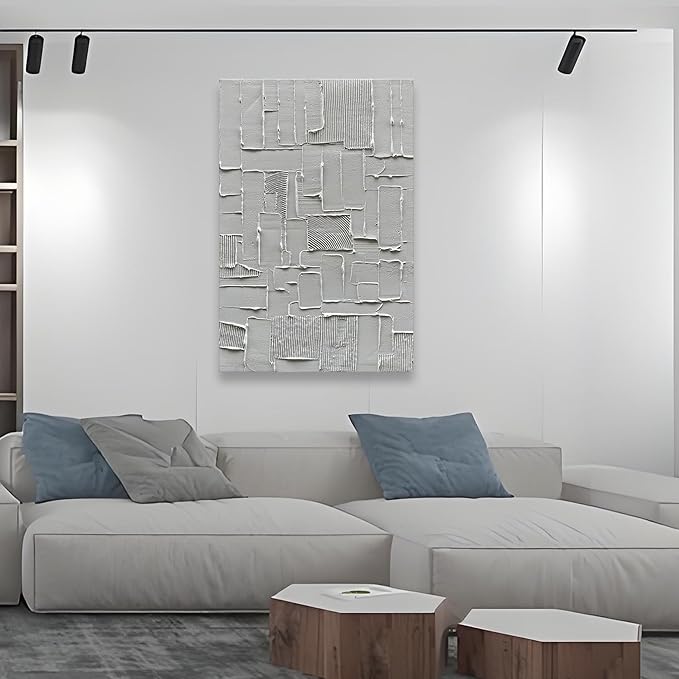 Hand-Painted White and Grey Abstract Wall Decoration Oil Painting Thick Texture Minimalist Art 45x30 inches