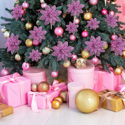 Boao Light Purple 24 Pieces Poinsettia Flower Christmas Glitter Artificial Poinsettia with Clips Christmas Tree Ornament Decorations for DIY Xmas Wreath Holiday Home Party Decor, 3/4/6 Inches