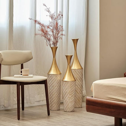 Floor Oversized Gold Metal Decorative Vase with 3D Triangle Pattern Set of 3 Large Vases for Home Living Room 33.5 ", 29.5 ", 25.2" High (Champagne)