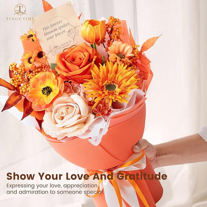 Orange Preserved Flowers Bouquet, Gift Bouquet for Women, Eternal Fake Flower Gift for Christmas Anniversary Birthday Home Décor