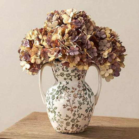 Green and Beige Farmhouse Vintage Vase with 2 Handles, Chinoiserie Floral Vase, Rustic Ceramic Vases for Home Decor, Wedding, Living Room, Table, Shelf Decor - 8.3 Inch Tall