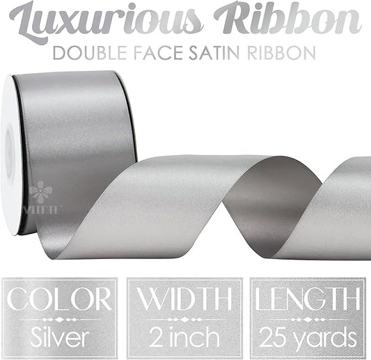 MEEDEE Silver Satin Ribbon 2 Inch Silver Ribbon Lux Double Faced Ribbons by 25 Yards Silk Satin Ribbons for Gift Wrapping, DIY Crafts, Weddings, Flower Bouquet, Holiday Decorating
