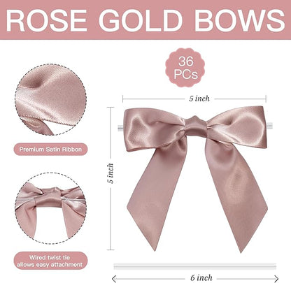 Dusty Rose Satin Ribbon Twist Tie Bows 5 Inch Pre-Tied Dusty Pink Gift Bows for Crafts, Treat Bags, Party Favors, Wedding, Baby Shower, Candy Apple, Christmas Tree (36 Pack)