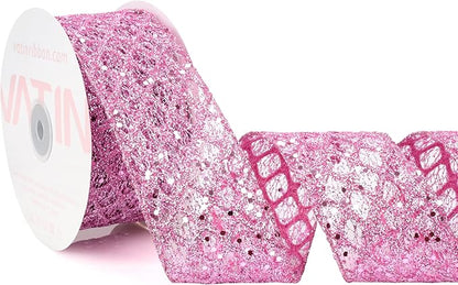 VATIN 2-1/2" Pink Christmas Ribbon, Pink Glitter Mesh Diamond Web Sequin Dots Wired Christmas Ribbon for Gift Wrapping Bow Making Wreath Supply-10 Yards