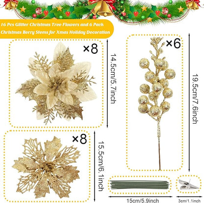 22 Pcs Gold Poinsettia Artificial Flowers and Glitter Berries Stems Kit, Christmas Poinsettias Decorations and Tree Ornaments for Xmas Home Wedding Holiday Decor
