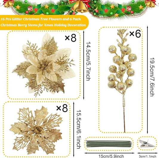 22 Pcs Gold Poinsettia Artificial Flowers and Glitter Berries Stems Kit, Christmas Poinsettias Decorations and Tree Ornaments for Xmas Home Wedding Holiday Decor