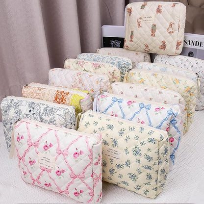 2PC Makeup Bag Set, Cute Cosmetic Bag for Women Girls, Floral Coquette Aesthetic Toiletry Bag, Travel Make Up Organizer Bag (Navy Blue)