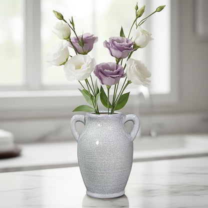 Sunddo Blue Ceramic Vase with 2 Handles, Modern Pottery Flower Vase, Texture Decorative Vases for Pampas Grass, Farmhouse Decor, Centerpiece for Dining Table Console Shelf Bookshelf Mantle
