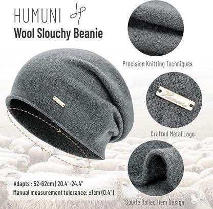 100% Wool Slouchy Beanie, Warm Beanie Hats for Women Breathable Knitting Skull Beanies Cap for Spring Fall Winter