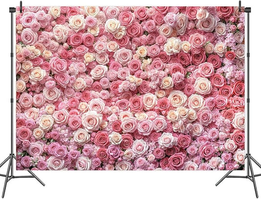 12X8ft Pink Flower Wall Backdrop Floral Rose Floral Photography Backdrops Girls Princess Birthday Baby Shower Wedding Bridal Shower Photo Background Mothers Day Picture Cake Table Decoration Banner