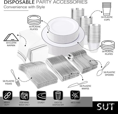 SUT 350 Piece Silver and White Plastic Dinnerware Set for 50 Guests, Disposable Plastic Plates, Include: 50 Dinner Plates, 50 Dessert Plates, 50 Pre Rolled Napkins with Silver Silverware, 50 Cups