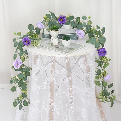 TOCHGREEN 4 Pack Artificial Eucalyptus Flower Garland with Purple Roses, Fake Rose Flower Greenery Garland Floral Vines for Wedding Home Party Table Runner Decor (Purple, 4PCS)