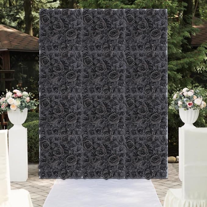 12 PCS Black Flower Wall Panels, 15x15inch Artificial Floral Wall Background Silk Flowers Panel Decoration, Faux Rose Backdrop for Home Party Wedding Anniversary Birthday