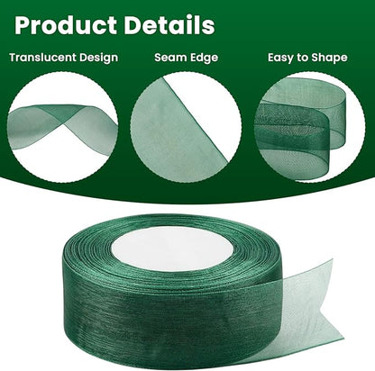 1-1/2 Inch Dark Green Sheer Organza Ribbon for Bow Making, Gift Wrapping, Christmas Decoration, 50 Yards/Roll