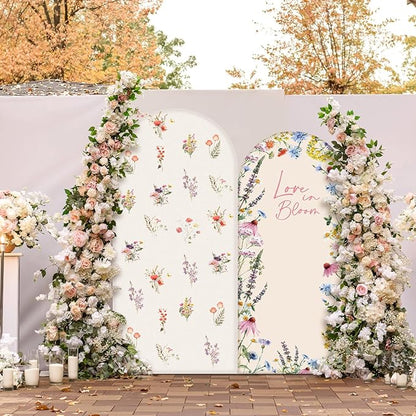 Chunful 2 Pcs Love in Bloom Bridal Shower Decorations 2-Sided Round Top Cute Wildflower Backdrop Arch Cover for Wedding Bridal Bride-to-be Engagement Wedding Party Supplies 6 ft/7.2 ft (Pink)