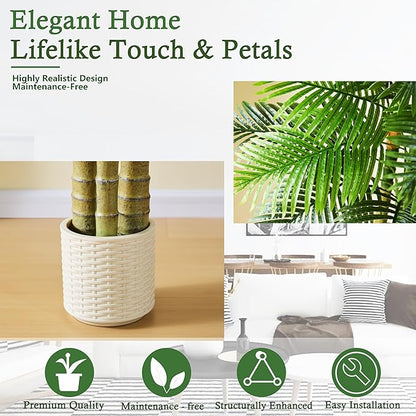 Artificial Golden Cane Palm Tree：6T Fake Large Tropical Areca Palm Trees Tall Faux Silk Plant in White Pot with Realistic Triple Textured Trunks for Office Outdoor Home Decor Hotel Patio Lobby