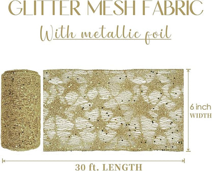MEEDEE 6 Inch Wide Wired Ribbon Gold Glitter Mesh Web Wired Edge Ribbon by 10 Yards Roll Gold Mesh Wired Ribbons for Christmas Tree, Garland, Holiday Crafts, Wreaths, Bows, Centerpiece, Gift Wrapping
