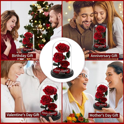 JoyFlower Preserved Flowers Gift for Women, Handmade Eternal Rose in Glass Dome, Forever Real Rose Gifts for Wife Mom Girlfriend, Three Red Roses Gift for Anniversary Birthday Valentine's Mother's Day
