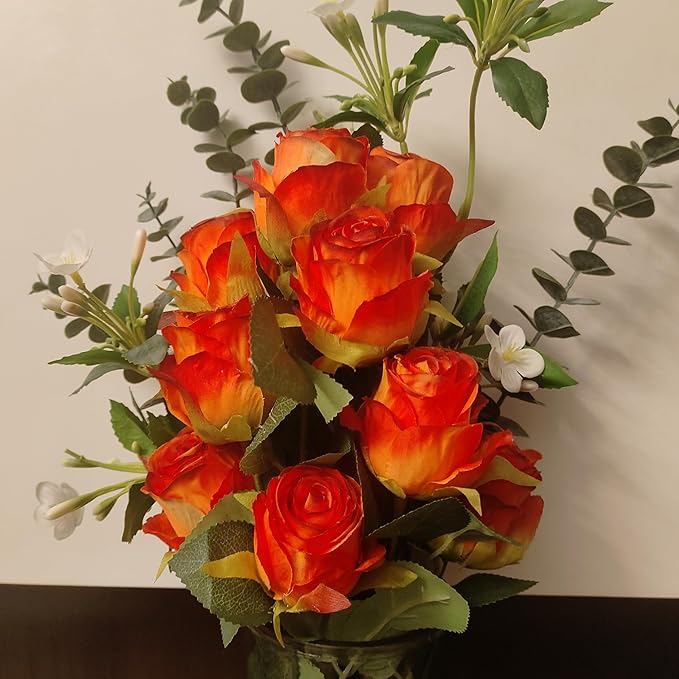 Artificial Roses 10 Pcs - Lifelike Single Stem Fake Roses with Natural Petal Texture,Fade-Resistant Silk Flowers for Wedding Decor,Home Vase Arrangements,Party Centerpieces(10, Red - Orange)