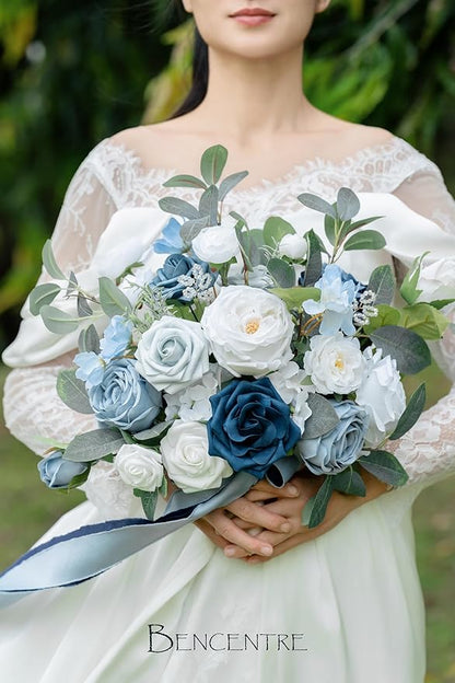 14 Inch Navy Blue Bridal Bouquet,Dusty Blue Wedding Bouquet,Bride Bouquets for Wedding Ceremony Anniversary, Party and French Rustic Vintage Wedding,Artificial Flowers…