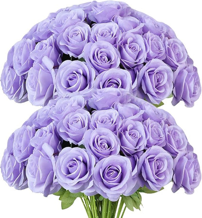 Artificial Rose Flower Artificial Flowers Flower with Long Stem Silk Roses Bouquet for Wedding Bridal Shower Party Home Decoration (Lavender, 50 Pcs)