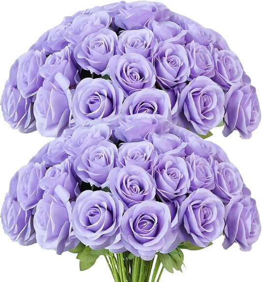 Artificial Rose Flower Artificial Flowers Flower with Long Stem Silk Roses Bouquet for Wedding Bridal Shower Party Home Decoration (Lavender, 50 Pcs)