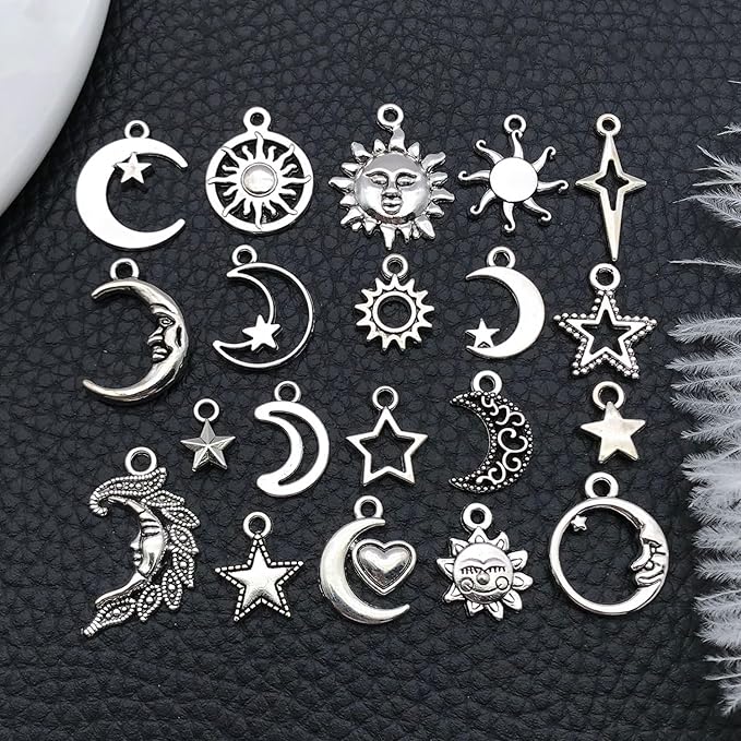 WOCRAFT 60pcs Antique Silver Sun Moon Star Bracelet Charms for Jewelry Making Sets DIY Necklace Bracelet Keychain Crafting Charms Kit Craft Supplies (SN833)