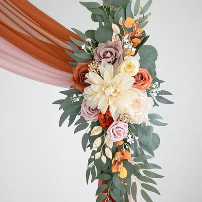ponatia Artificial Burnt Orange Wedding Arch Flowers Kit with 2PCS Shiny Arch Chiffon Fabric, Dusty Rose Flowers for Wedding Welcome Signs Decorations and Arch Flowers for Wedding Ceremony Reception