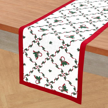 Solino Home 100% Pure Linen Christmas Table Runner 72 Inches Long - Red and Green Table Runner 14 x 72 Inch - Handcrafted and Machine Washable - Holly Ribbon Print