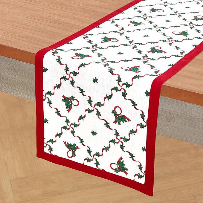 Solino Home 100% Pure Linen Christmas Table Runner 90 Inches Long - Red and Green Table Runner 14 x 90 Inch - Handcrafted and Machine Washable - Holly Ribbon Print