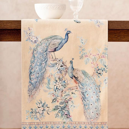 Maison d' Hermine Tablerunners 100% Combed Cotton Premium Table Runner Decorative Table Cover, Home, Kitchen, Dining, Peacock Utopia - Sandy Beach, Double Layer - (14.5"x108")
