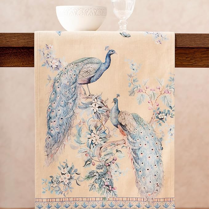Maison d' Hermine Tablerunners 100% Combed Cotton Premium Table Runner Decorative Table Cover, Home, Kitchen & Camping, Peacock Utopia - Sandy Beach, Double Layer - (14.5"x72")