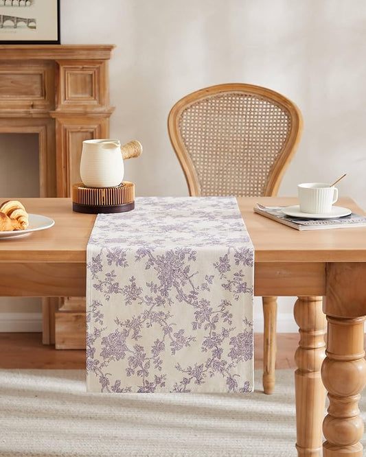 100% Cotton French Pastoral Table Runners, 13x72 Inch Purple Farmhouse Table Runners 72 Inches Long, Vintage Flowers Print Home Decors