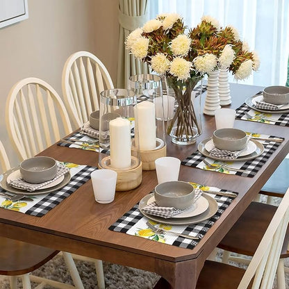 Lemon Linen Placemats Set of 6 Black White Buffalo Plaid Placemats for Indoor Outdoor Party Home Desktop Kitchen Dining Room Decor 12x18 Inch